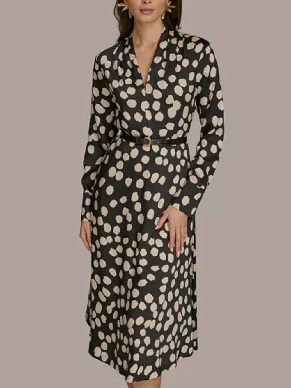 Donna Karan Black Dress with Cream Spot Print — Long Sleeve Midi